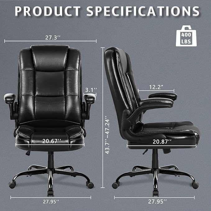 LEMBERI Flip-up Arms Office Desk Chair Big and Tall Managerial Executive Chair, High Back Computer Chair Ergonomic Adjustable Height PU Leather Chairs with Armrest for Long Time Sitting