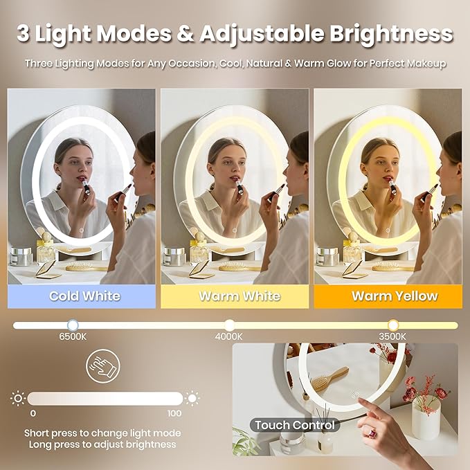 Small Vanity Desk with Mirror and Lights, Wooden Handles with Cushioned Stool, 3 Lighting Modes Round Makeup Table with Upgraded Silent Slides, Compact Vanity for Small Spaces, Natural Oak