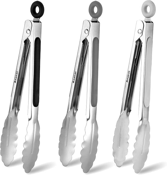 Anaeat 3 Pack 7" Mini Stainless Steel Locking Tongs - Sturdy Coiled Spring Kitchen Food Tong with Non-Slip Silicone Tips and Grip for Serving, Cooking, Baking and BBQ - Heat Resistant Metal Tongs