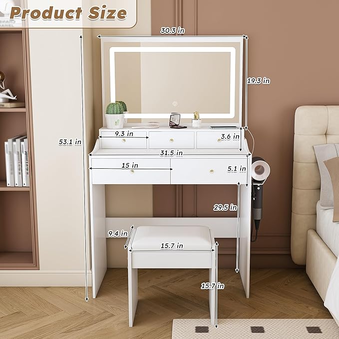 Ball & Cast Vanity Desk with Large Mirror & Power Outlet,3 Dimmable Colors Light Makeup Vanity Table Set with 5 Drawers & Chair,Adjustable Brightness Dressing Table for Women Girls Bedroom,White