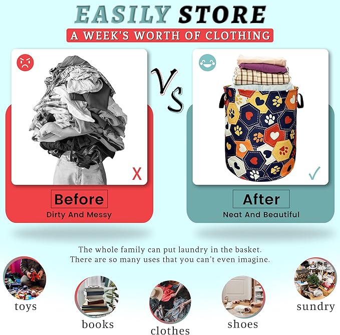 Colorful Dog Paws Hearts Laundry Basket Foldable With Handles Funny Tote Bag Oxford Cloth Animal Laundry Hamper 18.9"x16.5 "Clothe Storage Bucket Toy Organizer For Bathroom/Laundry/Bedroom