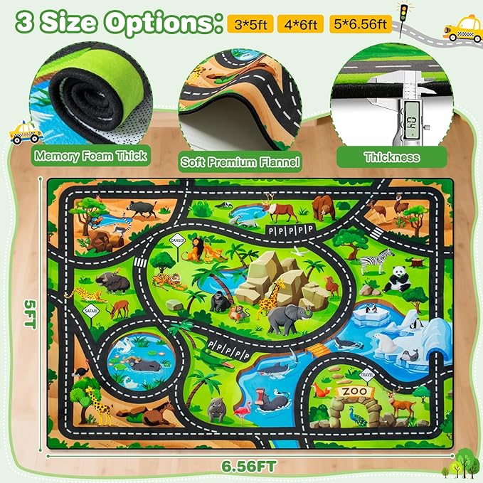 Kids Rug, 5' x 7' FT Animal Car Rugs for Kids Toy Cars, Extra Thick (0.4in) - Non-Slip Zoo Road Mat Carpet for Playroom & Bedroom, Educational Learning & Game Area