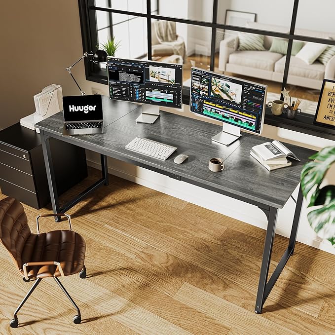 Huuger Computer Gaming Desk, 63 Inch Office Desk With Storage, Writing Work Surface for Home Office, Study, Modern Simple Style, Large Legroom, Metal Frame, Grey