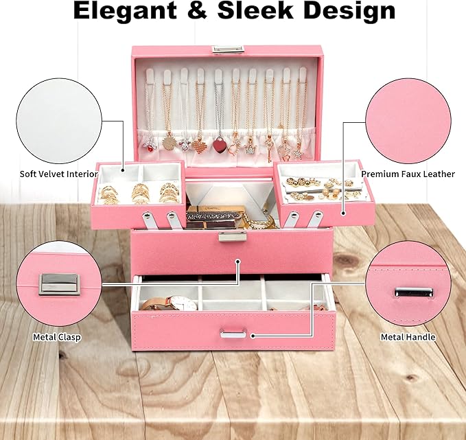 Dajasan Jewelry Box for Girls Women, PU Leather Jewelry Organizer Box, 3 Layers Jewelry Gift Box for Christmas, Valentine's Day, Birthday, Mother's Day (Pink)