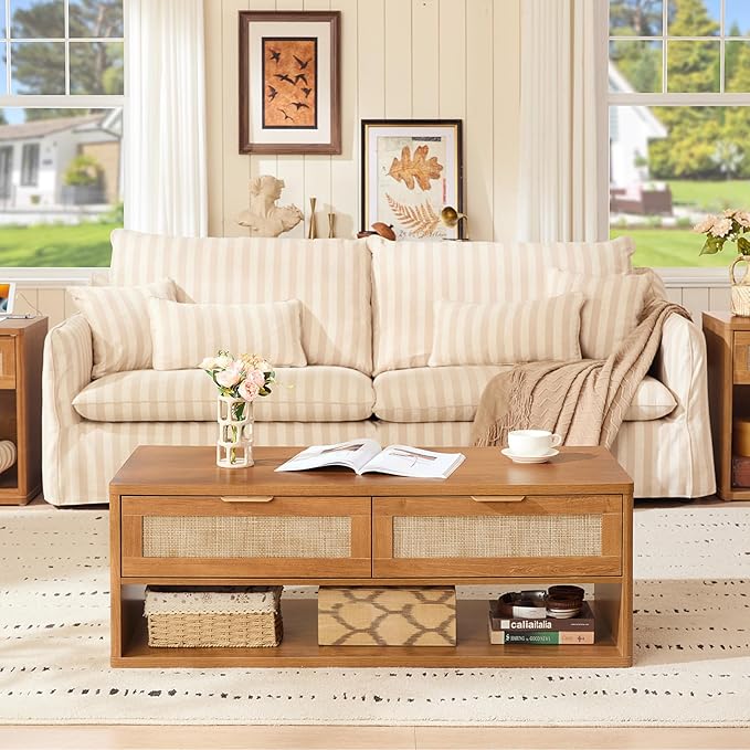 LEYAOYAO 48" Farmhouse Boho Rattan Coffee Table with 2 Woven Drawers,Rectangular Coffee Tables with Hidden Storage Compartment,Curved Profile Design,Wooden Center Table for Living Room,Office,Brown