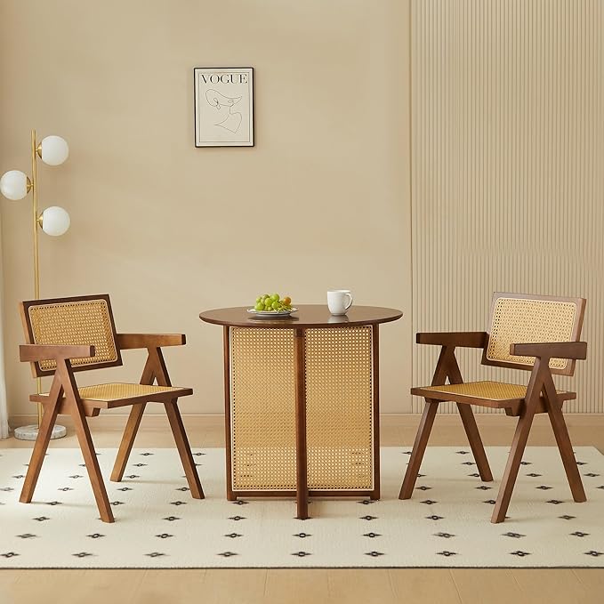 Small Round Coffee Table – 31.5" Solid Wood & Rattan Coffee Table, Modern Rustic Low Accent Table for Living Room, Boho Style, Walnut Height 29"