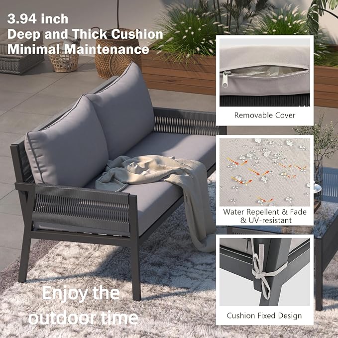 4-Piece Rope Outdoor Furniture Set, Patio Conversation Set with Tempered Glass Table, Rope-Woven Furniture Set with Deep Seat Design for Backyards, Gardens, Balconies, Grey