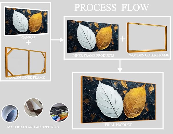 Leaves Wall Art for Living Room, Black White and Gold Canvas Wall Decor for Bedroom, Picture Print Artwork, Large Size 59 x 29 Inches Framed