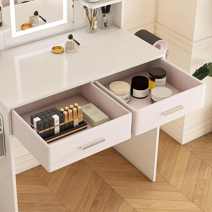 Casaphoria White Vanity Desk with 3-Color LED Mirror, 27.5" Makeup Table with Storage Drawers for Bedroom, Vanity Table with Hair Dryer Stand & Non-Woven Storage Bag for Women and Girls
