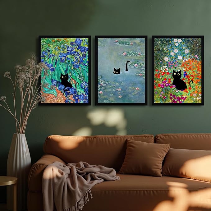 Krtoni 3Pcs Framed Black Cat Wall Art, Vintage Funny Black Cat in Water Lilies Poster Prints Paintings, Garden Flowers Cat Aesthetic Wall Decor, for Bathroom Living Room Bedroom 12" W x 16" H