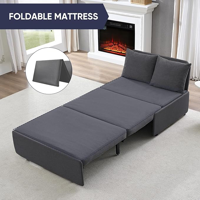 2 in 1 Pull Out Sofa Bed Full Size, Small Convertible Sleeper Sofa Couch, Linen Folding Guest Bed with Wheels and Cushions Pillow, Futon Sofas Couch Beds for Bedroom Office Lounge - Dark Grey