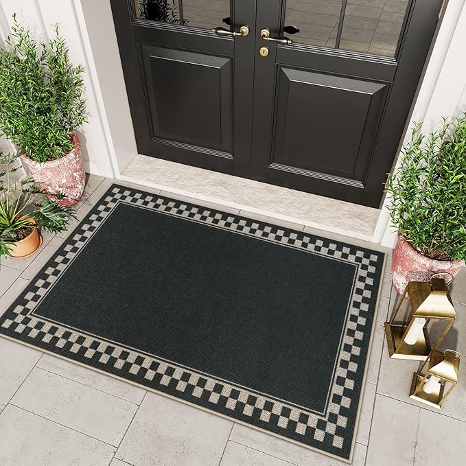 OJIA Easy Jute Outdoor Rug 3x5 Washable Rugs for Entryway, Checkered Border Black Front Door Rug Non-Slip Door Mats Indoor Outdoor Rugs Farmhouse 3x5 Area Rug for Porch Outside Patio Living Room