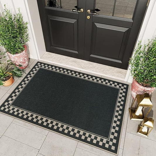 OJIA Easy Jute Outdoor Rug 3x5 Washable Rugs for Entryway, Checkered Border Black Front Door Rug Non-Slip Door Mats Indoor Outdoor Rugs Farmhouse 3x5 Area Rug for Porch Outside Patio Living Room