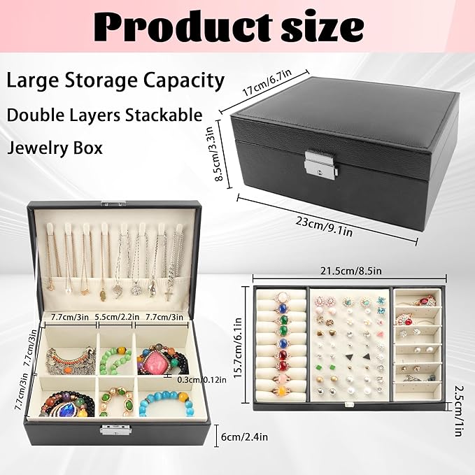 Homeanda Jewelry box 2 layer Jewelry box Leather Jewelry boxes for Women Girls Teens Jewelry organizer box Jewelry Storage box with lock(Black)