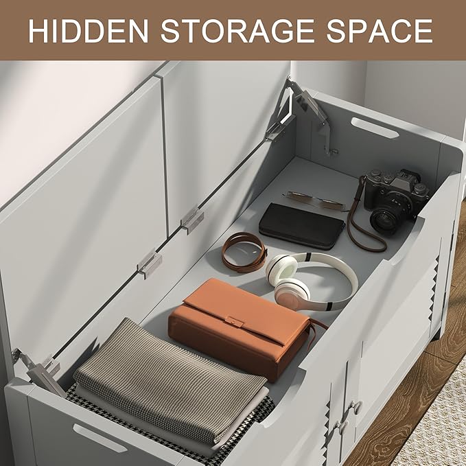 ChooChoo Shoe Storage Bench with Lift Top Storage, Entryway Bench with 2 Cushioned Seats, 3 Compartments, Adjustable Shelf, Shoe Cabinet for Entryway, Bedroom, Living Room, Grey