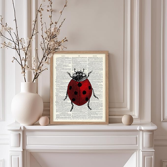 Poster Master Dictionary Art Poster - Retro Ladybug Print - Insect Art - Red Bug Art - Gift for Men, Women & Animal Lover - Minimal Decor for Living Room & Kid's Room, 8x10 Beige Framed