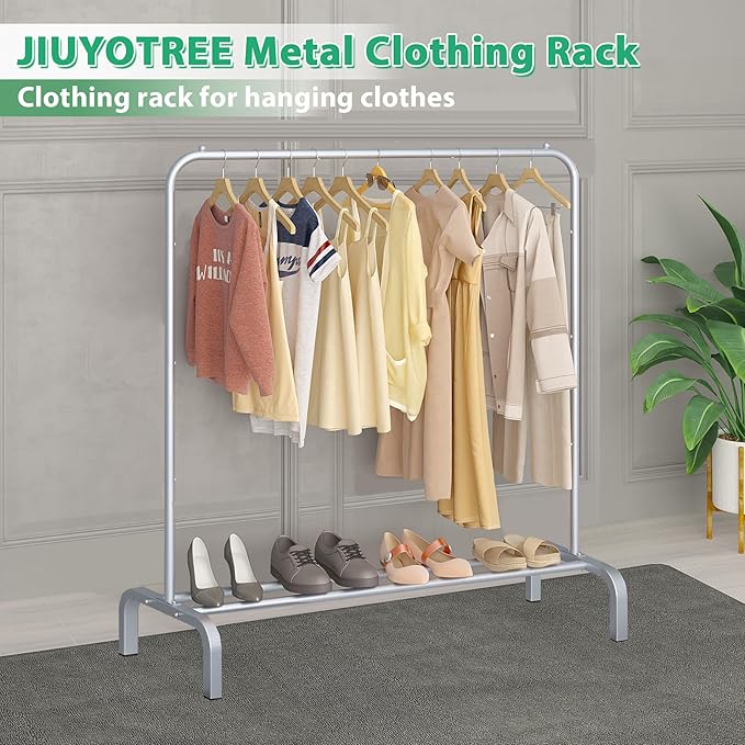 JIUYOTREE Metal Clothing Rack 43.3 Inches Clothes Garment Coat Rack with Bottom Shelf Clothing Rack for Hanging Clothes Coats Skirts Shirts Sweaters Silver Gray