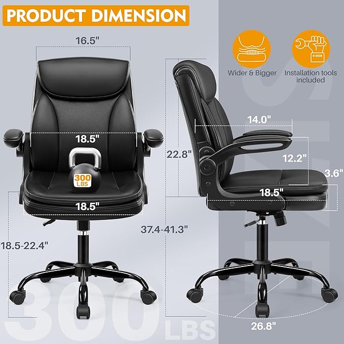 Office Chair Ergonomic Desk Chair - Premium Leather Executive Office Chairs with Lumbar Support Flip Up Armrests, Home Office Desk Chairs Computer Chair with Rocking Function Adjustable Height