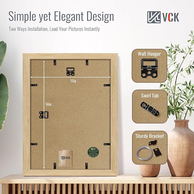 VCK 11x14 Picture Frame Set of 4 - Oak, Gallery-Quality Wood Poster Frames, 1.1-Inch Wide Border, Polished Plexiglass, Vertical or Horizontal Wall Display for Photo/Art/Prints, Natural Oak