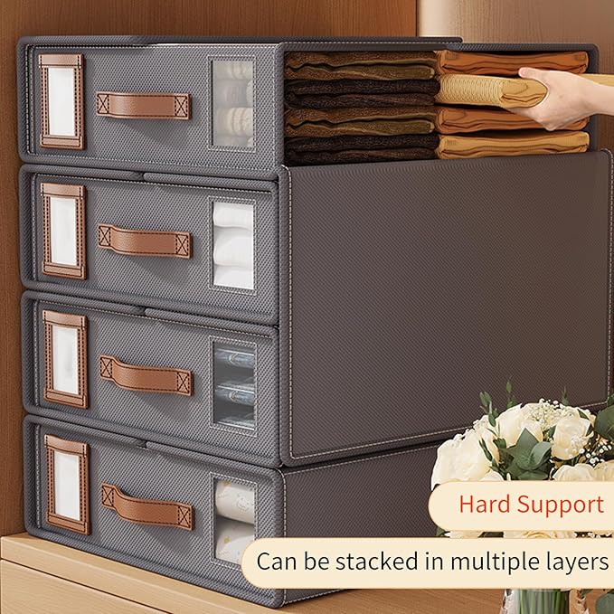 KONGDY 4 Pack Bed Sheet Organizer, Foldable Sheet Storage Box with Window and Label, Bed Sheets Set Organizers for Bedding Sheets, Duvet Covers, Pillow, Blankets Organizer-Grey