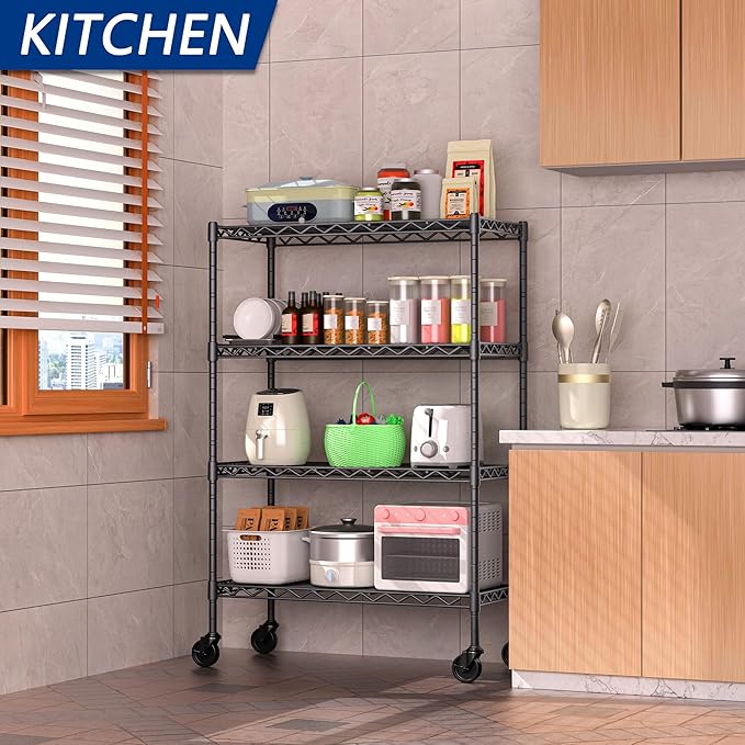 4-Shelf Adjustable Heavy Duty Storage Shelving Unit on 4 Wheel Casters, Metal Organizer Wire Rack for Laundry Bathroom Kitchen Pantry Closet, Black