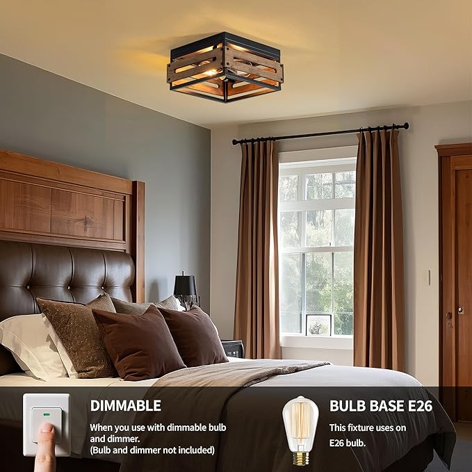 MAYNA Farmhouse Ceiling Light, 2-Light Rustic Flush Mount Ceiling Light with Metal and Wood, Farmhouse Hallway Light Fixtures for Kitchen Entryway Bedroom Dining Room