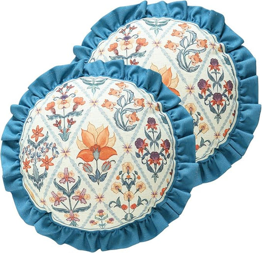 Design Round Linen Throw Pillow Covers Diameter 16" Pack of 2, Blue Country Cushion Covers with Colorful Wildflower Pattern Decor Pillowcases for Bed,Living Room,Outdoor,Car