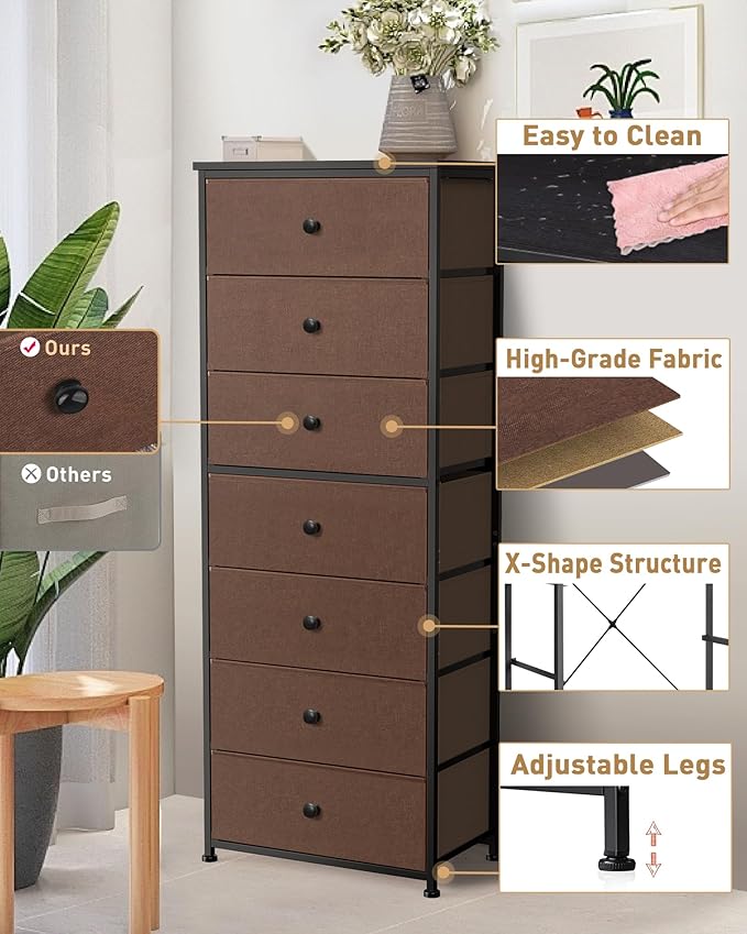 Tall Fabric Dresser for Bedroom, Vertical Storage Organizer Tower with 7 Drawers, Chest of Drawers with Bins, Steel Frame, Wood Top for Bedroom, Closet, Entryway Grey