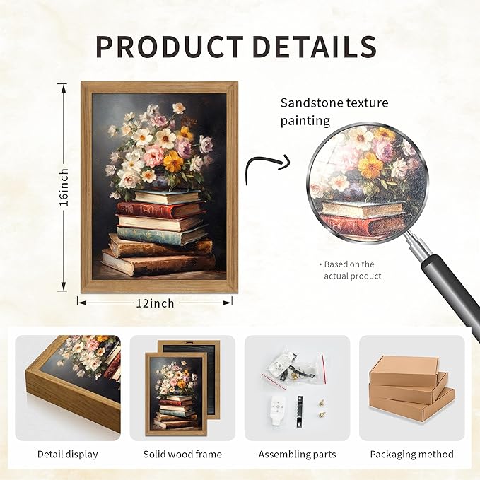 Framed Vintage Floral Wall Art - 3D Textured Flowers Books Sandstone Hand Drawn Art Oil Painting - Minimalist Botanical Wall Decor for Bedroom Living Room Office Decor 12X16in