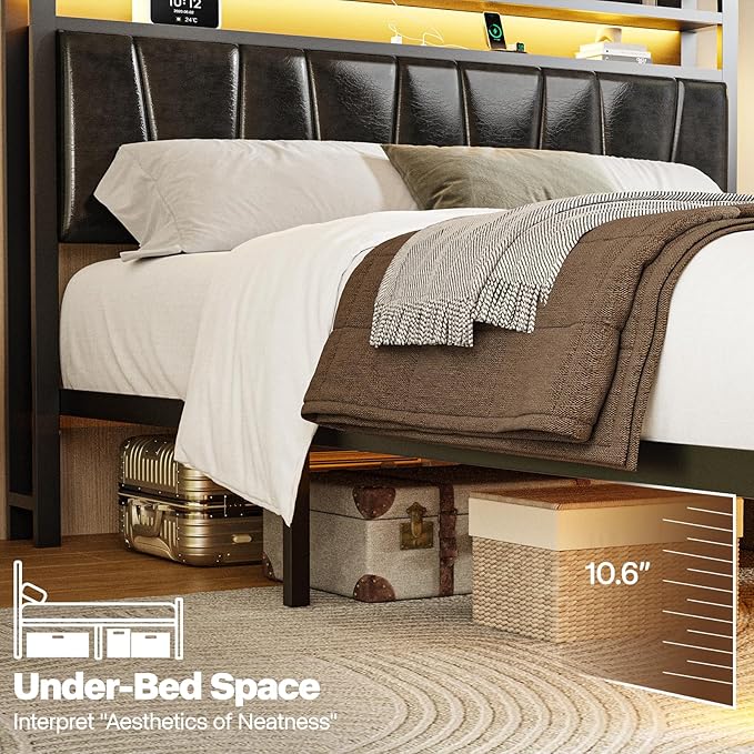 Full Size Bed Frame with 2-Tier Storage Shelves, LED Bed Frame with PU Leather Headboard, Metal Platform Bed with Charging Station, Noise Free, No Box Spring Needed, Easy Assembly, Black