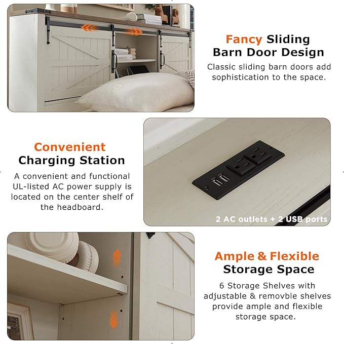 T4TREAM Farmhouse Queen Size Bed Frame w/Storage Bookcase Headboard, Sliding Barn Door, Charging Station, Rustic Wood Platform Bed w/Wood Slats Support, No Box Spring Needed, Antique White