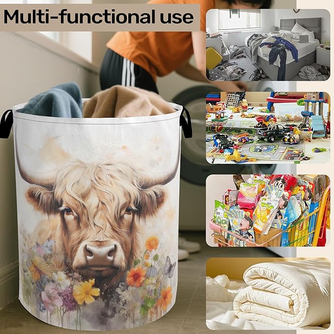 Highland Cow Summer Flowers Large Clothes Hamper Bag - Laundry Basket with Handles, Space Saving Foldable Design for Nursery