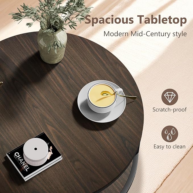 NSdirect 36 inches Round Coffee Table, Rustic Wooden Surface Top & Sturdy Metal Legs Industrial Sofa Table for Living Room Modern Design Home Furniture with Storage Open Shelf (Black Walnut, 36 in)