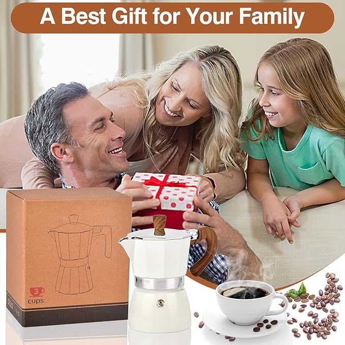 MORDEN MS Moka Pot, Stovetop Espresso Maker 6 Cup/10 OZ Italian Coffee Maker Camping Coffee Pot Manual Cuban Coffee Percolator for Cappuccino or Latte- White