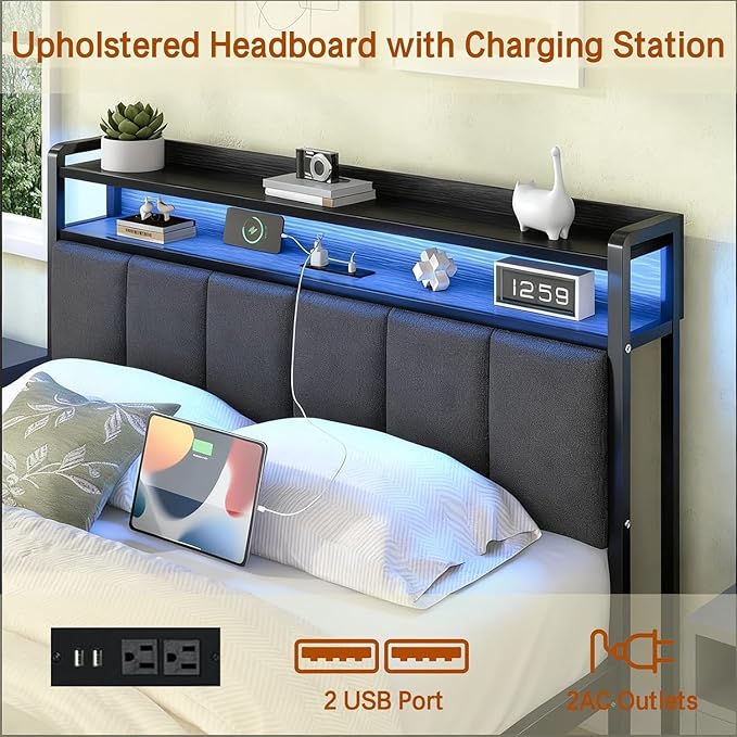 Twin Bed Frame with LED Lights and Charging Station, Metal Platform Bed Frame Twin with Upholstered Storage Headboard, Heavy Duty Metal Slats, No Box Spring Needed, Easy Assembly, Dark Grey