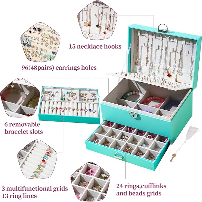 BOOVO Earring Jewelry Box For Women Girl Stud Organizer, 5 Layers Girl Jewelry Organizer Box With Lock Earring Holder Organizer Necklace Ring Jewelry Organizer Box For Girls (Turquoise Blue)