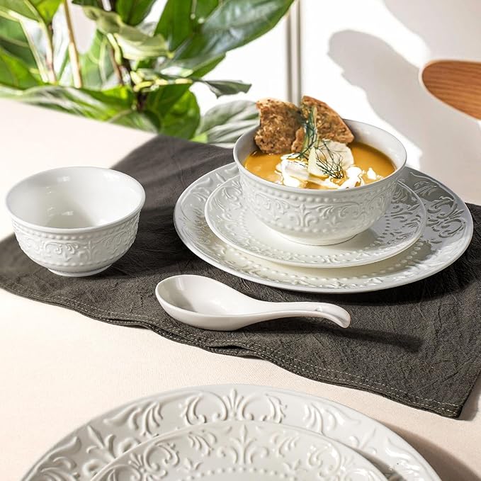 Cereal Bowls Set of 4 - Ceramic Soup Bowls for Kitchen 30 Oz Embossment White Breakfast Bowls for Rice, Pasta, Fruits, Salad, Ramen, 6.25 Inch, Dishwasher & Microwave Safe (Brocade Flower)