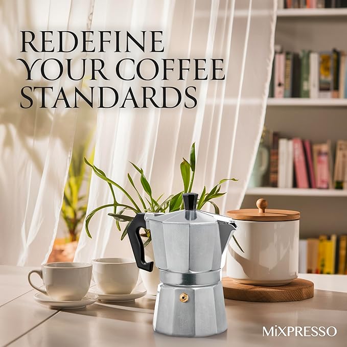 Mixpresso 3 Cup Moka Pot Cuban Coffee Maker, Moka Pot for Gas, Electric Stove Top, Classic Italian Coffee Maker, Stovetop Espresso Maker, Camping Pot Makes 3 Espresso Cup 5 Oz