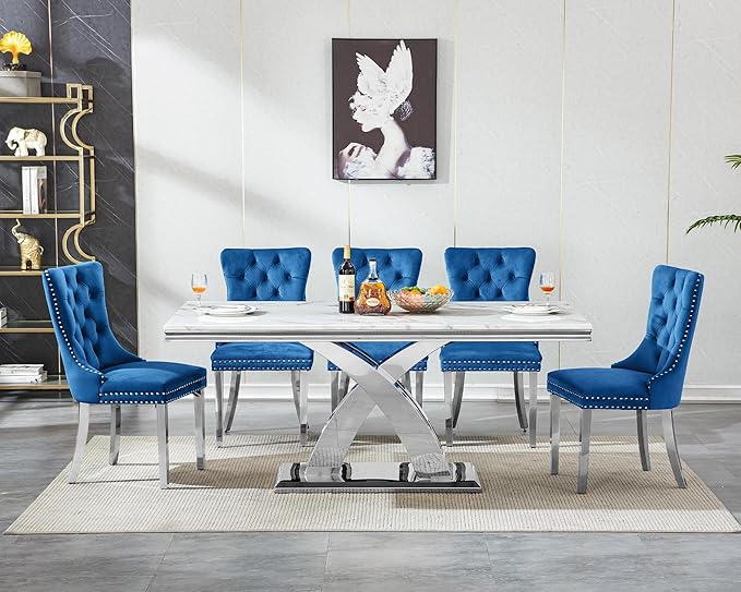 Modern White Marble Dining Table Set for 6,7-Piece Kitchen Table and Chairs for 6,Luxury Silver Dining Room Table Set w/68" Rectangle Dinner Table & 6 Blue Velvet Chairs for Kitchen Dining Room