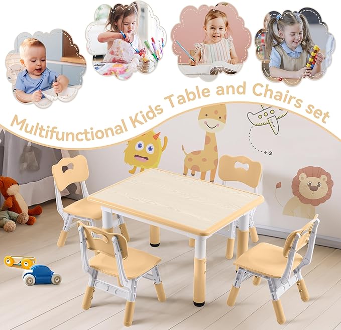 Kids Study Table and Chairs Set, Height Adjustable Toddler Table and Chair Set for Kids Ages 3-8, 31.5" L x 23.6" W Graffiti Desktop Plastic Children Art Table with 4 Seats, Brown
