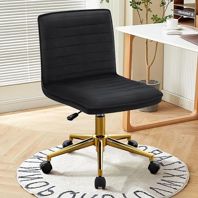 Furniliving Home Office Desk Chair, Armless Vanity Chair with Wheels Soft Velvet Adjustable Height, Comfy Computer Rolling Chairs with Gold Metal Base Stool,Black
