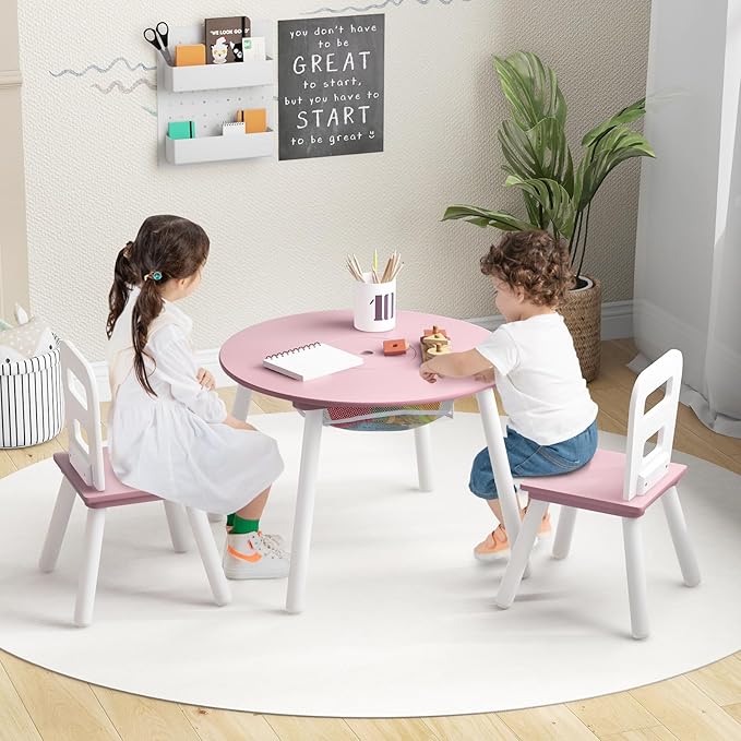 Costzon Kids Table and Chair Set, Wood Activity Table w/Center Mesh Storage, Children Furniture Gift for Boys & Girls, Ideal for Arts, Crafts, Snack Time, Homework, Toddler Table and Chair Set (Pink)