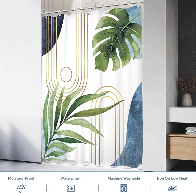 Glawry Narrow Boho Blue Green Shower Curtain Mid Century Modern Abstract Tropical Palm Leaf Botanical Minimalist Bathroom Geometric 48Wx72L Inches Bath Accessories Art Home Decor Fabric 7 Pack Hook