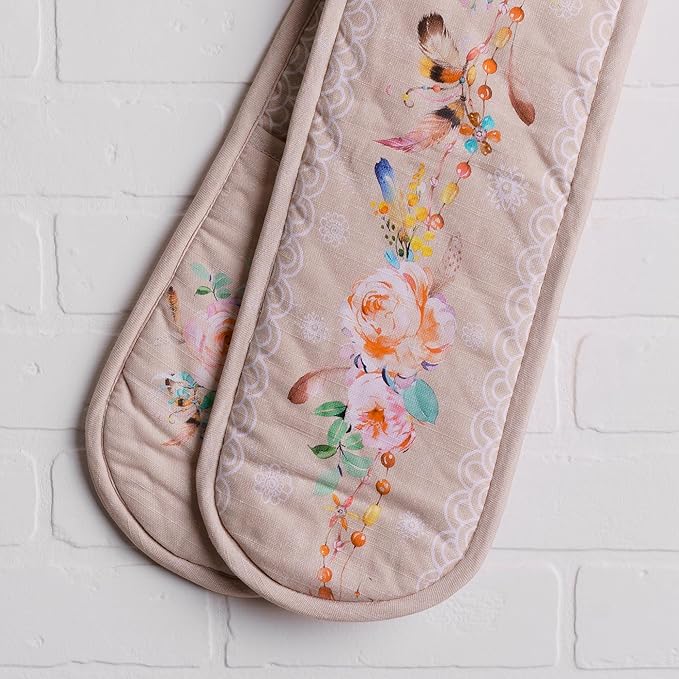 Maison d' Hermine Double Oven Mitts 100% Cotton 7"x35" Double Oven Mitt Heat Resistant BBQ Cooking Gloves with Loop, Baking, Grilling, Home, Kitchen, Handling Hot Pans Spring Summer (Ibiza - Beige)