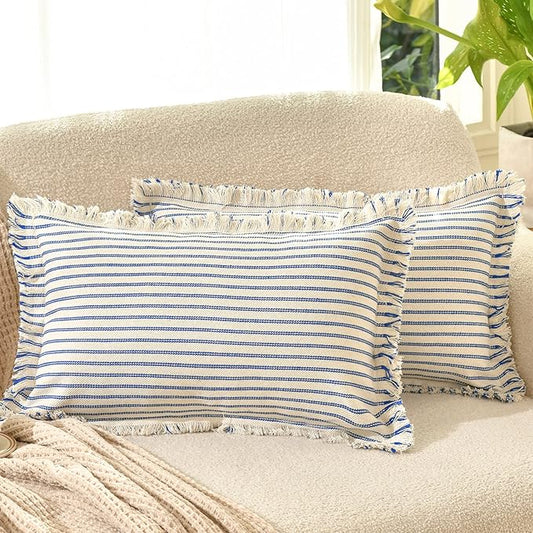 ZWJD Throw Pillow Covers 12x20 Set of 2 Striped Pillow Covers with Fringe Chic Cotton Decorative Pillows Square Cushion Covers for Sofa Couch Bed Living Room Farmhouse Decor