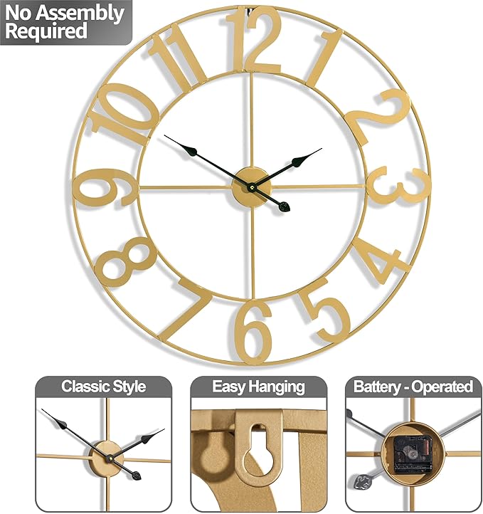 Sorbus 32-Inch Large Wall Clock – Decorative Gold Metal Clock with Black Hands – Silent, Battery Operated, Modern Wall Decor for Living Room, Kitchen, or Office – Great Gift for Housewarming or Office