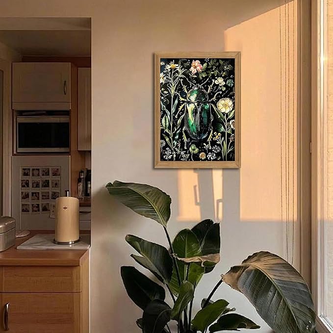 Framed Vintage 3D Textured Wall Art - Gothic Dark College Beetle Wall Decor - Hand Drawn Sandstone Nature Botanical Pictures for Living Room Bedroom Home Decor 12x16in