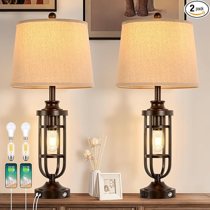 28.8" Farmhouse Table Lamps for Living Room Set of 2, 3-Way Dimmable Touch Lamps with USB Ports, Rustic Nightstand Lamps for Bedroom End Tables, Bulbs Included
