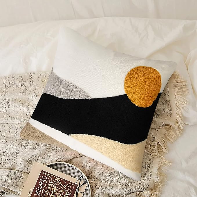 Merrycolor Tufted Boho Decorative Throw Pillow Covers Mid Century Modern Pillows Sun Pillowcases Couch Pillow Covers for Bed Sofa Living Room 18 X 18 Inch Mustard Yellow and Black