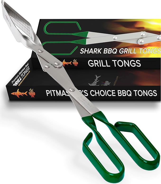 Shark BBQ Grill Tongs - 17 inch Green. Professional kitchen and outdoor grilling utensil. Long reach Barbeque Grilling Tongs. Ideal for steak, fish, burger, and sausage